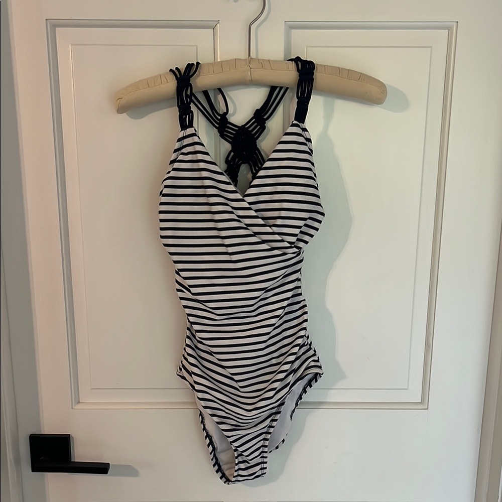 Striped Black & White Kids One-Piece Swimsuit with Macramé Back